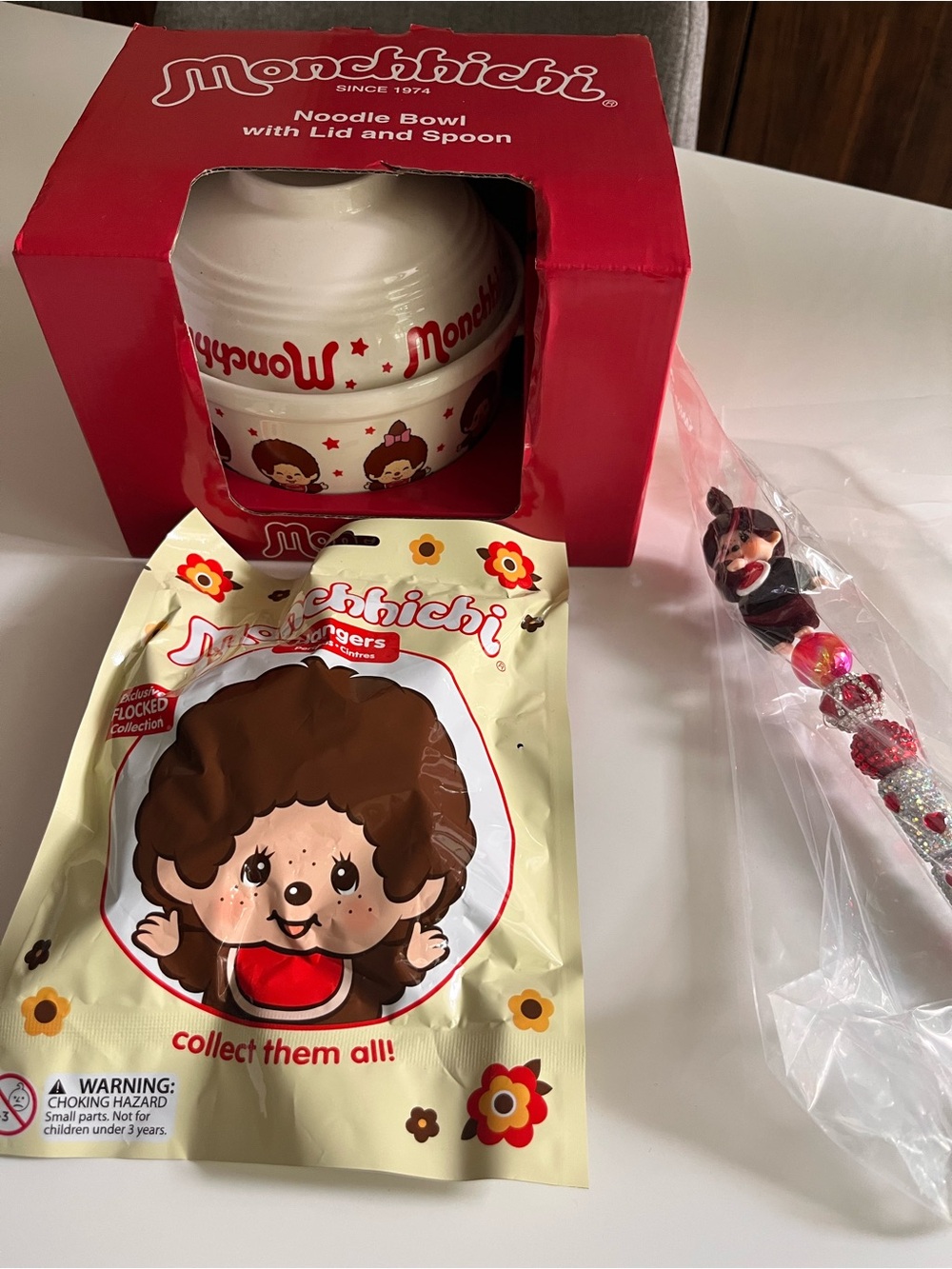 BNWT Monchhichi Noodle Bowl Set, pen, & Hangers TRIO COMBO LOT 3 items